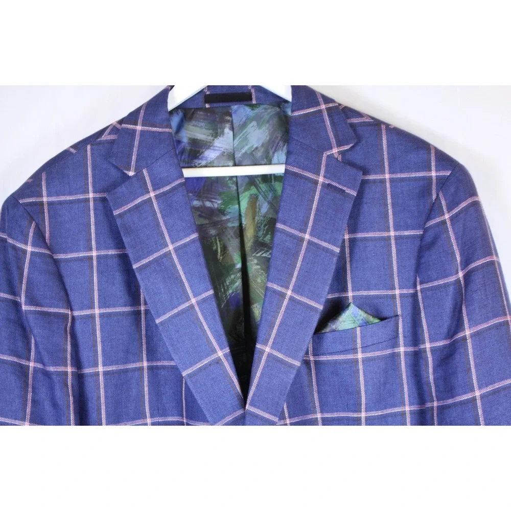 Tallia Mens Sport Coat Blue Linen Size 46R Two-Button Closure Windowpane Jacket